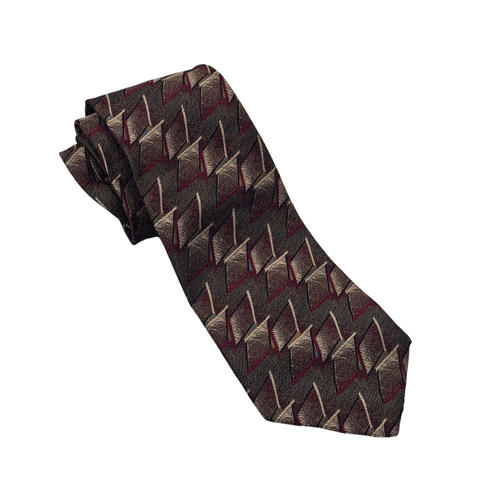 Stefano Milano Silk Tie Burgundy Pewter Geometric Art Deco Italian Hand Made‎